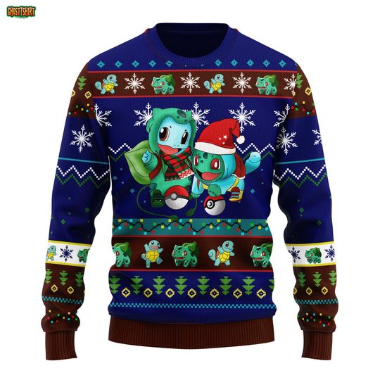 Love Bulbasaur Squirtle PKM Christmas Sweater, Bulbasaur poket mons Ugly Christmas Sweater, Ugly Xmas Jumper, Holiday Gift for poket mons Fans