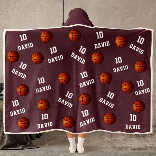 Basketball Christmas Wearable Hooded Blanket with Personalized Name Cozy Fleece Hoodie Throw for Kids, Teens, and Family