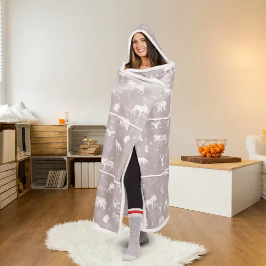 Discover Gray and White Forest Animals Hooded Wearable Blanket