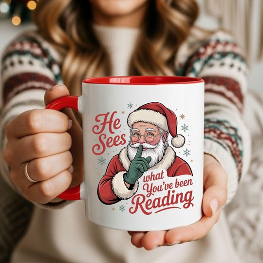 Discover He Sees What Youve Been Reading Christmas Mug, Funny Santa Book Lover Gift Cup, Book Lover Gift, Humor Holiday Reader Mug