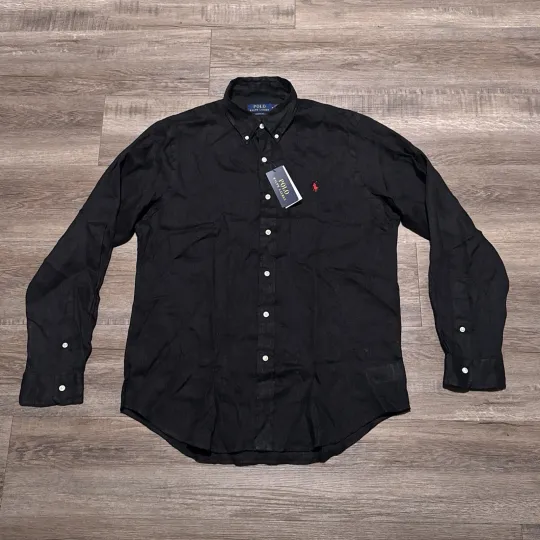 Discover Polo Ralph Lauren Men's Medium 100% Linen Classic Fit Black Long Sleeve Shirt M