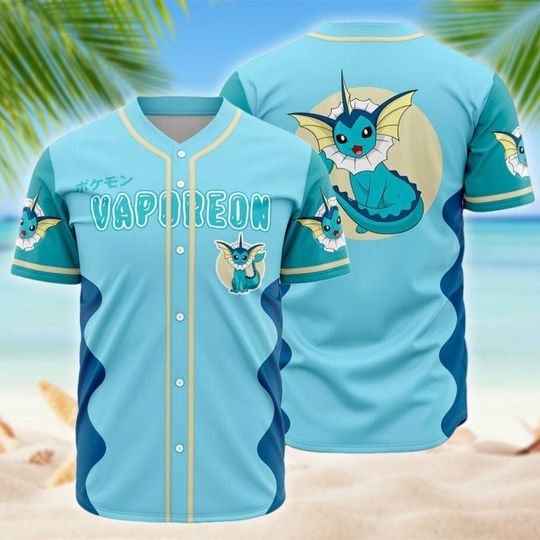 Discover Vaporeon Baseball Jersey, Cool PKM Shirt for Men Women, Japanese Anime Top, Gamer Gift, Vaporeon Type Graphic Jersey