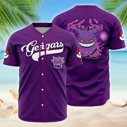 Gengar Baseball Jersey, Cool PKM Shirt for Men Women, Japanese Anime Top, Gamer Gift, Gengar Type Graphic Jersey