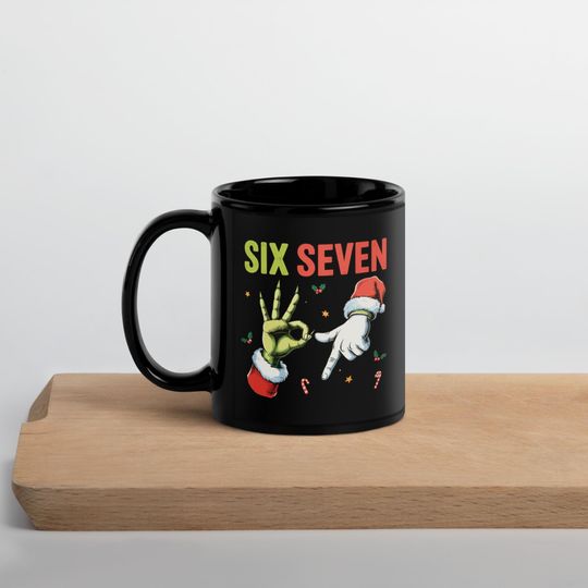 Discover Six Seven funny character Hand Christmas Mug: Viral Meme, Gen Z Humor