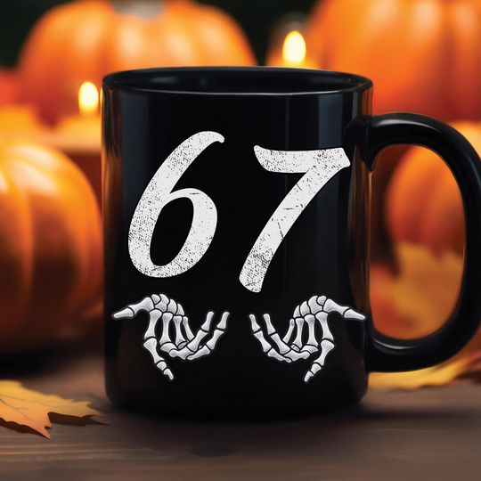 Discover 67 Meme Mug, Funny Skeleton Hands Coffee Cup, Six Seven Mug, Gen Alpha Trend Brainrot Gift, Weirdcore Internet Humor Cup, Halloween