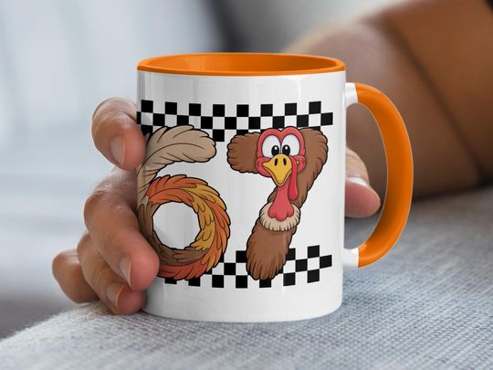 Discover Funny Turkey Mug, 67 Number Mug, Thanksgiving Gift, Cartoon Turkey, Holiday Mug, Quirky Coffee Mug, Number Art, Fall Mug