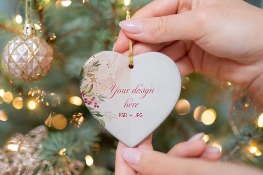 Discover Ornament Mockup Christmas, Smart Object Mockup, Printify Ornament Mockup, Heart White Ceramic Ornament, Heart Ceramic Ornament Mockup