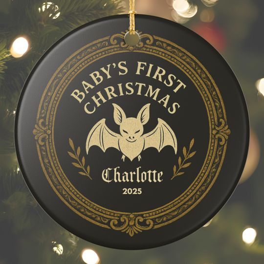 Discover Baby's First Christmas Bat Ornament | Ceramic Tree Decor, Personalized Name Keepsake, Matte Finish, Nursery Gift, Year Customizable, Gothmas