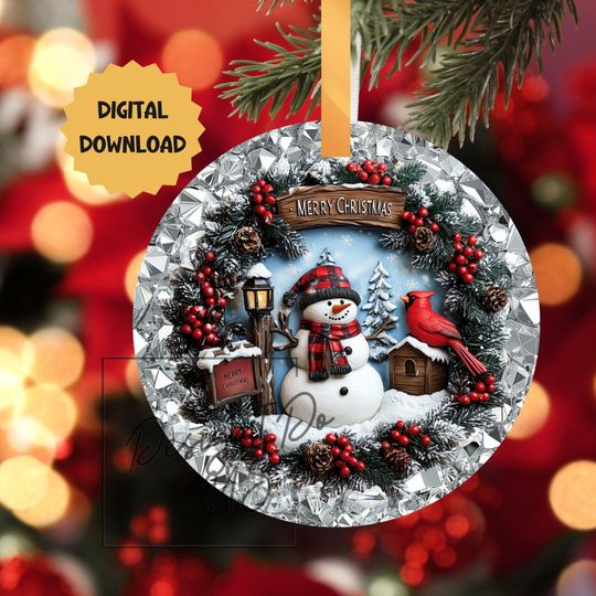 3D Snowman Christmas Ornament Sublimation  ,  Cardinal  , Holiday Round Ornament  Merry Xmas dtf design