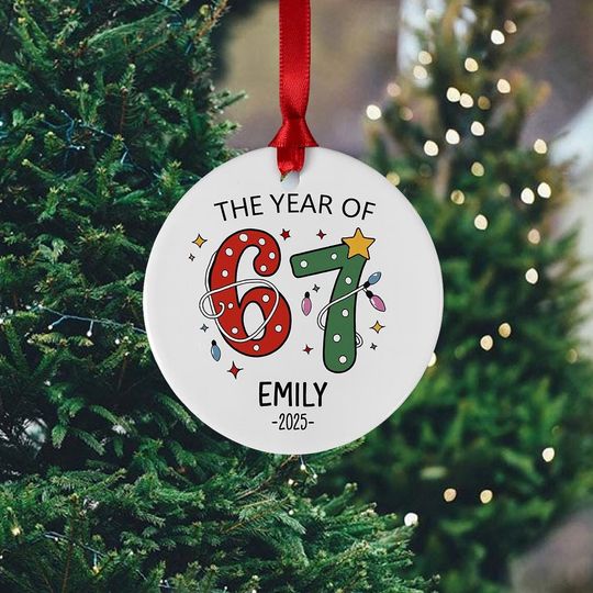 Discover The Year Of 67 Christmas Ornament, Six Seven Meme Santa Ceramic Ornament, Humorous Gag Gift, Funny Christmas Ornament 2025,