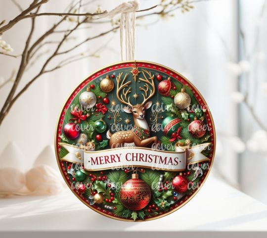Red Merry Christmas Wreath, Round Design Great for Sublimation onto Metal Signs, Ceramic, Ornaments, Etc.