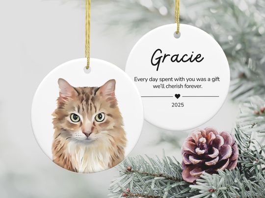 Discover Personalized Cat Memorial Christmas Ornament Using Pet Photos Custom Watercolor Cat Portrait with Name Double-sided Pet Memorial Gift