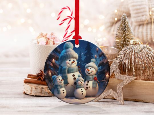 Discover Christmas  Ornament, Christmas Decoration, Holiday Gift Idea, Heirloom Keepsake, Round Ceramic, Gift Exchange, Gift Idea, Snowman family