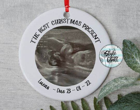 Discover Christmas present  ornament, baby sonogram ceramic ornament, double sided ornament, custom message front and back