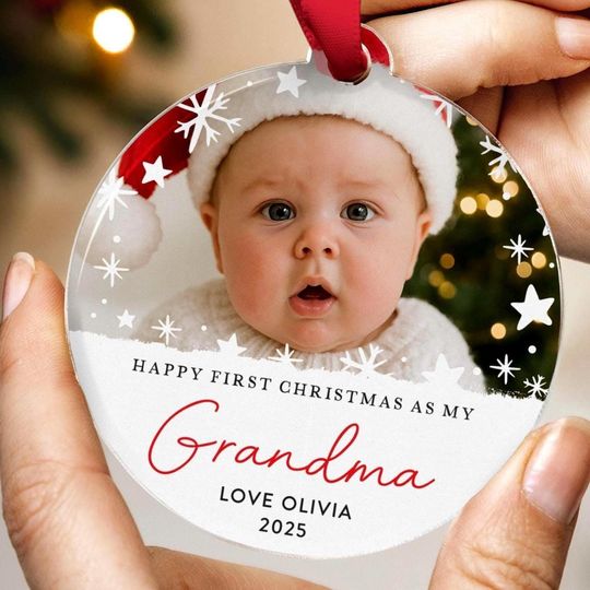 Discover Baby First Christmas Ornament Grandma, Personalised Photo Bauble, First Christmas as My Grandma 2025, Custom Keepsake Gift, Tree Decoration