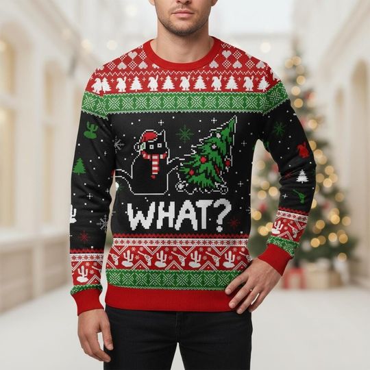 Discover Funny Cat Ugly Christmas Sweater, Xmas What Sweater, Black Cat Ugly Sweater, Animal Sweater, Christmas Gift