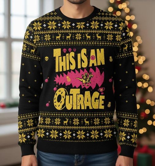 This Is An Outrage Ugly Sweater, Mongo And Donut Xmas Sweater, Dinosaur Ugly Sweater, Dungeon Crawler Carl Sweater, Christmas Gift