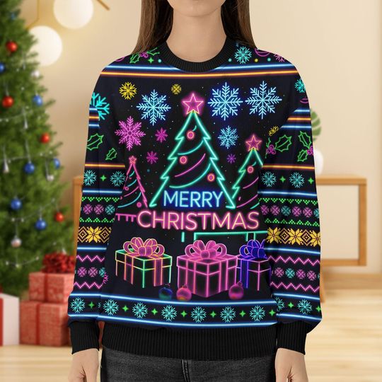 Discover Neon Merry Christmas Sweater, Ugly Christmas Sweater, Festive Xmas Sweater, Ugly Sweater, Holiday Gift