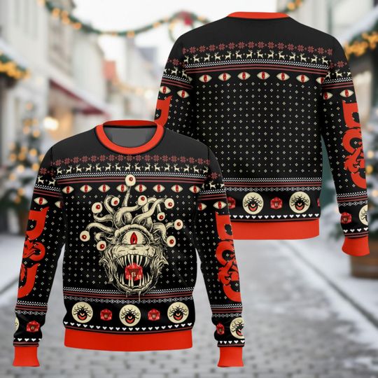 Discover Beholder Ugly Christmas Sweater, D&D Monster Xmas Sweater, Fantasy Creature Ugly Sweater, Dungeons Sweater, Christmas Gift