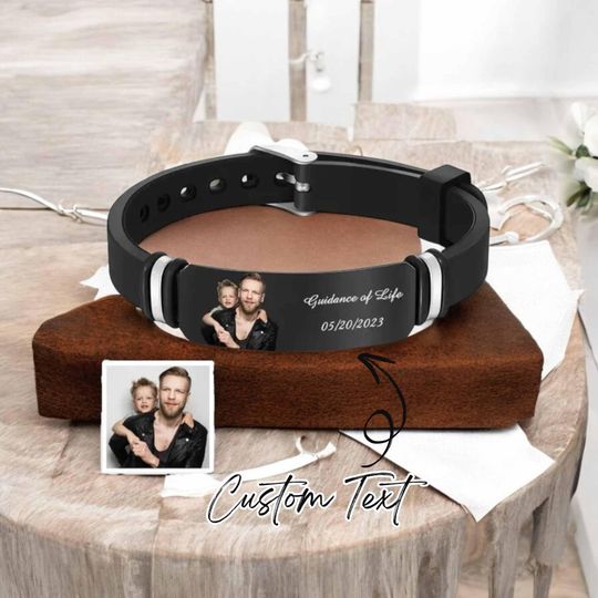 Custom Photo Leather Bracelet for Men with Engraved Name, Father's Day Gift, Memorial Bracelet