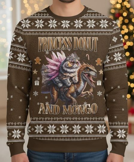 Princess Donut And Mongo Ugly Sweater, Dinosaur Ugly Sweater, Mongo And Donut Sweater, Dungeon Crawler Carl Sweater, Christmas Gift