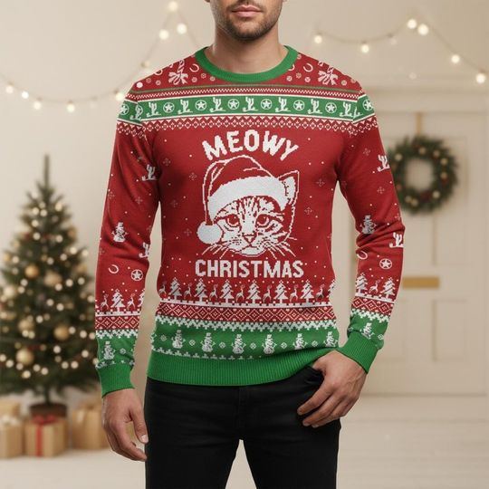Discover Cat Meowy Ugly Christmas Sweater, Funny Xmas Sweater, Cat Lover Ugly Sweater, Cute Cat Sweater, Holiday Gift