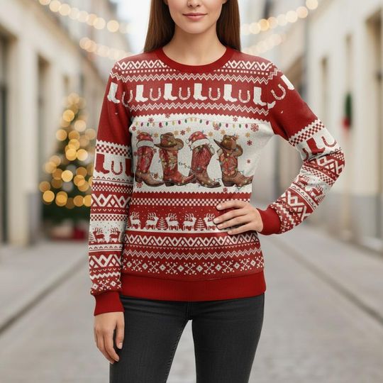 Discover Cowboy Boot Ugly Christmas Sweater, Western Xmas Sweater, Fun Ugly Sweater, Red Sweater, Christmas Gift