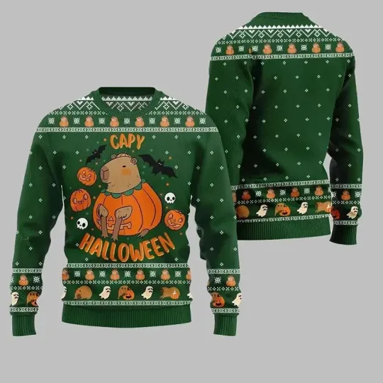 Discover Novelty Ugly Halloween Sweater with Capybara and Pumpkin Patch Design