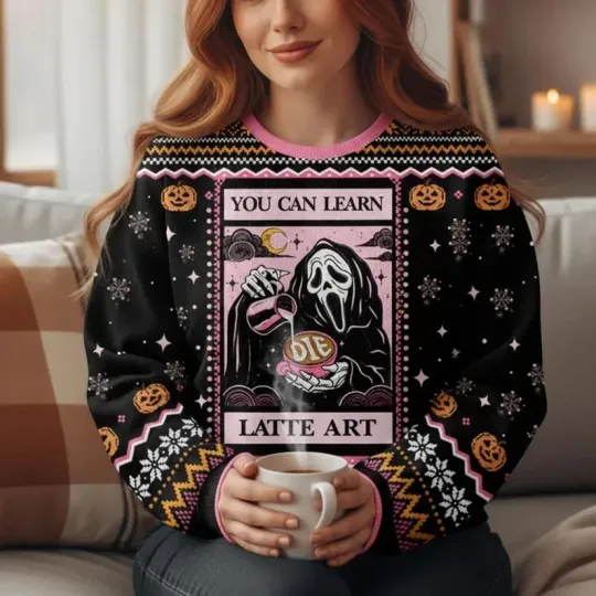 Discover Ugly Halloween Sweater Horror Mask Latte Art Design, Funny Spooky Pullover