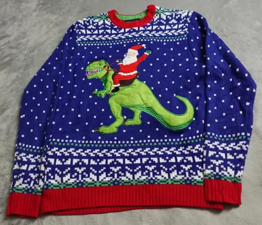 Discover Blizzard Bay Ugly Christmas Sweater Women's Small Blue Red Santa T-Rex