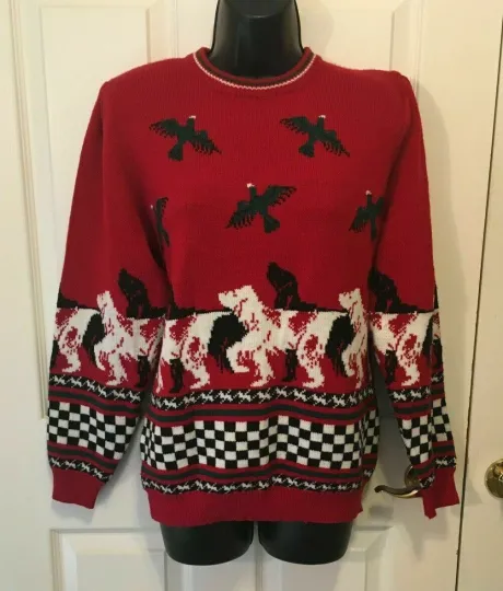 Discover Ugly Christmas Sweater Medium Dog Bird Red White Charter Club NEEDS REPAIRS