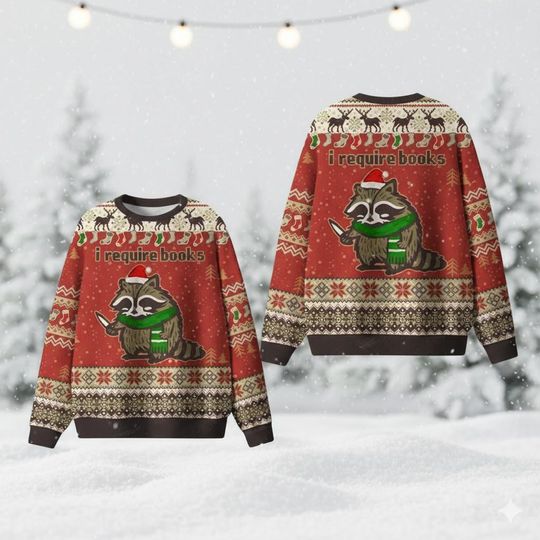Discover I Require Books Ugly Sweater 2025, Funny Raccoon Xmas Jumper, Book Lovers Holiday Gift, Cozy Winter Party Sweatshirt