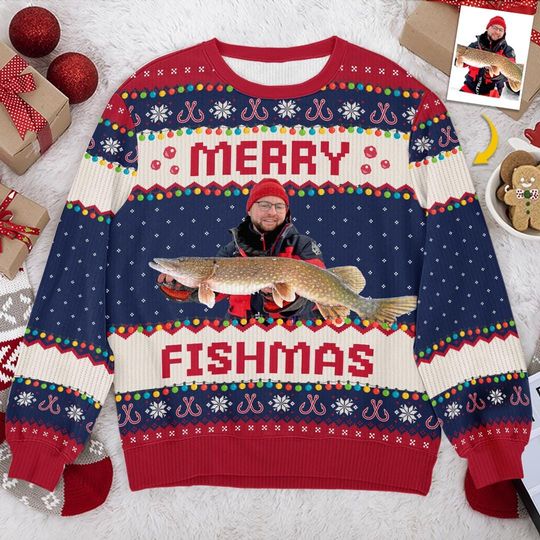 Custom Photo Fisherman Fishing Personalized Custom Ugly Sweatshirt, Funny Christmas Jumpers, Photo Gift For Fishing Lovers, Merry Fishmas