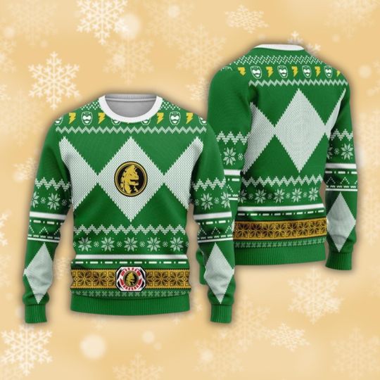 Green Power Ranger Ugly Christmas Sweater, Morphin Dino Coin Holiday Jumper, Unisex Cozy Knit, Nostalgic 90s Fan Gift,Geeky Winter Party Top