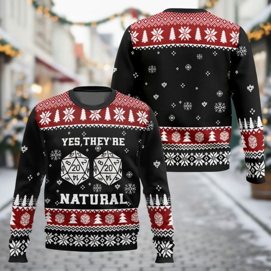 Dungeons & Dragons Ugly Christmas Sweater, D20 Dice Xmas Sweater, Funny Gamer Ugly Sweater, Yes They're Natural Sweater, Christmas Gift