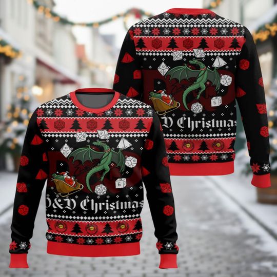 Discover DnD Ugly Christmas Sweater, Dice Santa Xmas Sweater, Dragon Sleigh Ugly Sweater, RPG Sweater, Christmas Gift