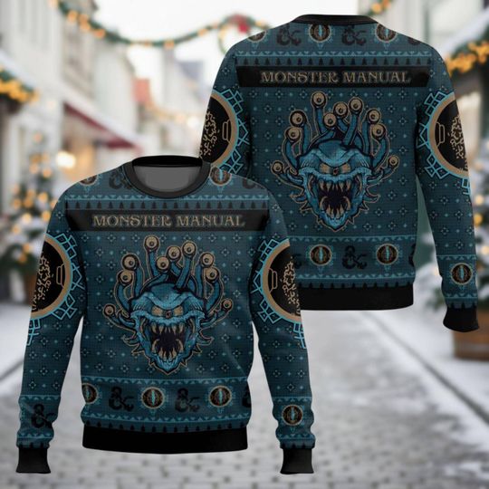 Dungeons & Dragons Ugly Christmas Sweater, Monster Manual Xmas Sweater, Beholder Ugly Sweater, Fantasy Game Sweater, Christmas Gift
