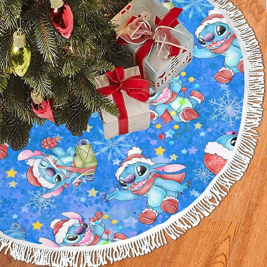 Disney Stitch Christmas Fringe Tree Skirt, Disney Tree Skirt, Stitch Christmas Decor, Disney Holiday Decorations, Lilo and Stitch Gift