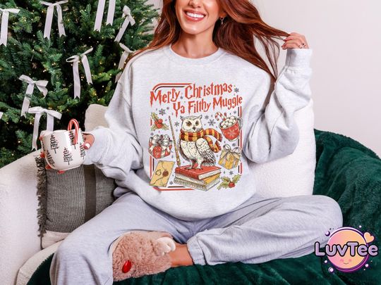 Comfort Colors Merry Christmas Ya Filthy Muggle Sweatshirt, Wizard Holiday Owl Crewneck, HP Fan Gift, Cozy Christmas Jumper