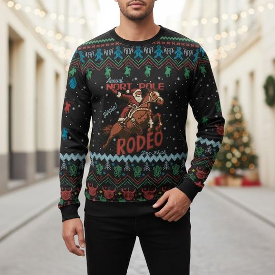 Rodeo Ugly Christmas Sweater, Santa North Pole Xmas Sweater, Funny Cowboy Ugly Sweater, Festive Rodeo Sweater, Christmas Gift
