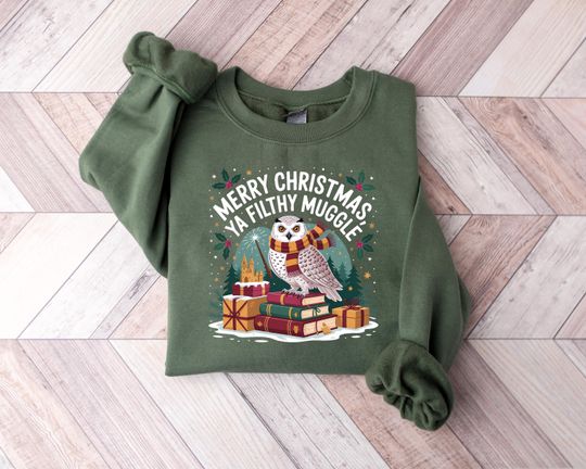 Merry Christmas Ya Filthy Muggle Sweatshirt, Funny Wizard Holiday Shirt, Cute Owl Christmas Tee, Magical Winter Sweater, Gift For Potter Fan