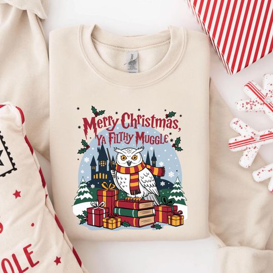 Merry Christmas Ya Filthy Muggle Sweatshirt, Funny Wizard Holiday Shirt, Cute Owl Christmas Tee, Magical Winter Sweater, Gift for Fans
