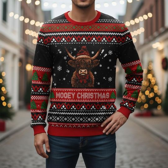Highland Cow Ugly Christmas Sweater, Mooey Christmas Xmas Sweater, Funny Animal Ugly Sweater, Holiday Gift, Warm Sweater, Christmas Gif