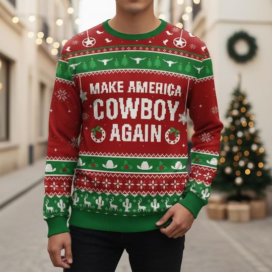 Discover Cowboy Ugly Christmas Sweater, Red Green Xmas Sweater, Funny Western Ugly Sweater, Holiday Gift Sweater, Christmas Gift