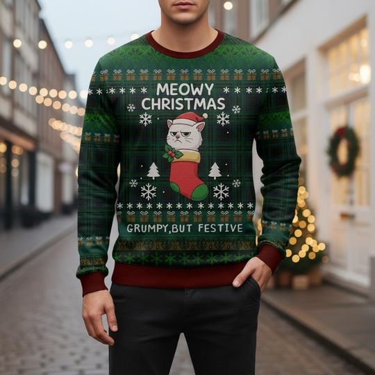 Discover Grumpy Cat Ugly Christmas Sweater, Meowy Xmas Sweater, Funny Holiday Ugly Sweater, Cat Lover Sweater, Christmas Gift