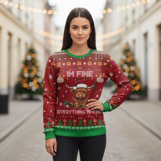 Highland Cow Ugly Christmas Sweater, I'm Fine Xmas Sweater, Funny Holiday Ugly Sweater, Highland Cow Sweater, Christmas Gift