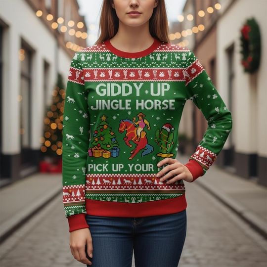 Discover Giddy Up Ugly Christmas Sweater, Jingle Horse Xmas Sweater, Funny Holiday Ugly Sweater, Horse Riding Sweater, Christmas Gift