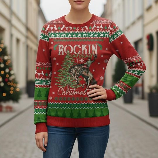 Discover Rockin' Around Ugly Christmas Sweater, Funny Xmas Sweater, Holiday Season Ugly Sweater, Red Festive Sweater, Christmas Gift
