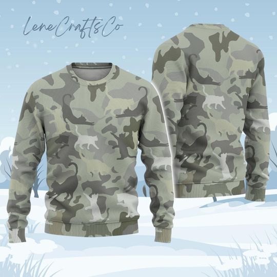 Discover Cat Camo Christmas Sweater, Funny Cat Sweater for Men, Camouflage Ugly Sweater, Cat Lover Holiday Sweater, Xmas Sweater for Cat Fans