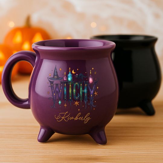 Discover Personalized Witchy Cauldron Mug, Custom Name Halloween Coffee Cup Purple & Black, Potion Cat Witch Hat Gift, Gothic Witchy Decor